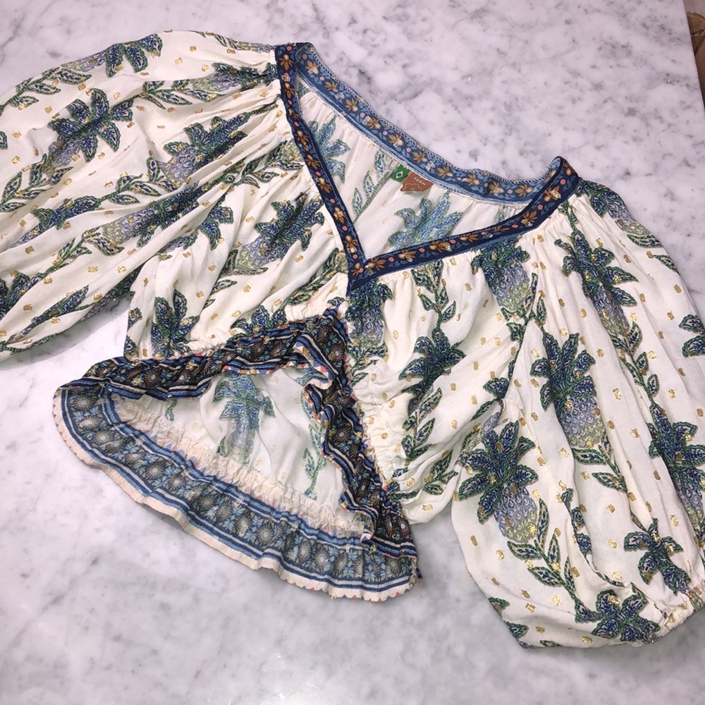FARM Rio Floral V-Neck Crop Top - White and Blue Size PP - Picture 1 of 10